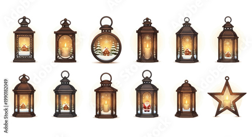 Collection of Festive Christmas Lanterns with Glowing Candles and Winter Scenes