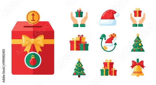 Christmas Charity Icons: Donation Box, Gifts, Santa Hat, Tree, Bell