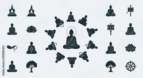 Zen Buddhism Symbols Circle Mandala, Meditation, Enlightenment, Lotus Flower, Stupa, Prayer Wheel