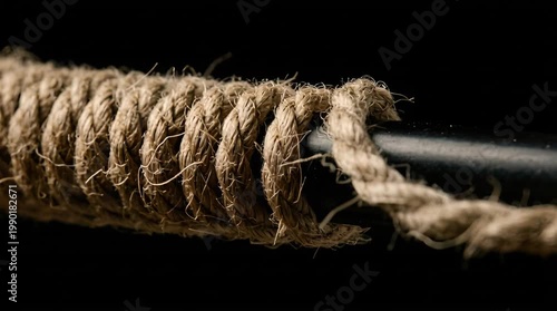 Rustic Natural Fiber Rope Tied Tightly Around a Dark Metallic Rod with Detailed Texture and Warm Spotlight Illumination on a Black Background