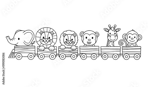 Photography Cute animal train coloring page vector with cartoon safari animals for kids acti