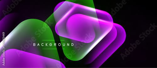 Abstract shapes overlap, creating vibrant gradients. Purple, green hues dominate dark background. Modern design element.