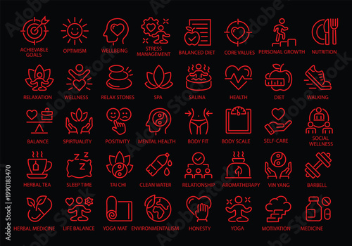 Wellness thin line icon set. Improving and restoring physical, mental and emotional health. Yoga, wellbeing, relaxation, spa, healthcare, aromatherapy - stock vector.