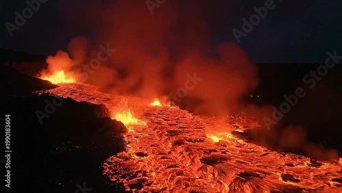 Dramatic nighttime volcanic eruption with flowing molten lava illuminating the dark landscape with vibrant orange and red hues