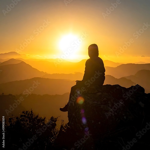 A person sits on a rocky outcrop overlooking a mountain range at sunset