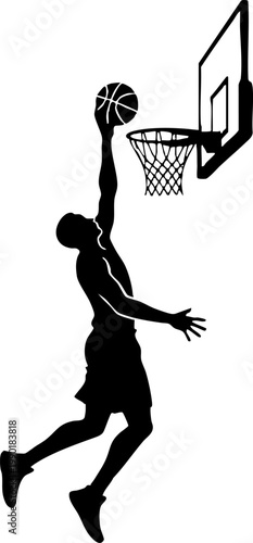 Silhouette of a basketball player jumping to score a layup