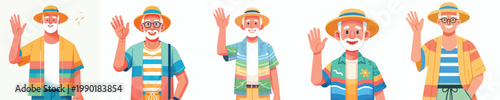 half body vector of a grandpa standing waving hand with summer clothes