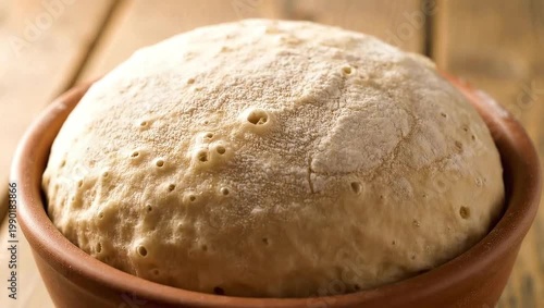 Close-up view of perfectly risen and proofed dough, showing active yeast in a rustic bowl, ready for baking homemade bread, a fundamental stage in culinary creation
