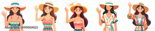 half body vector of a woman standing waving hand with summer clothes