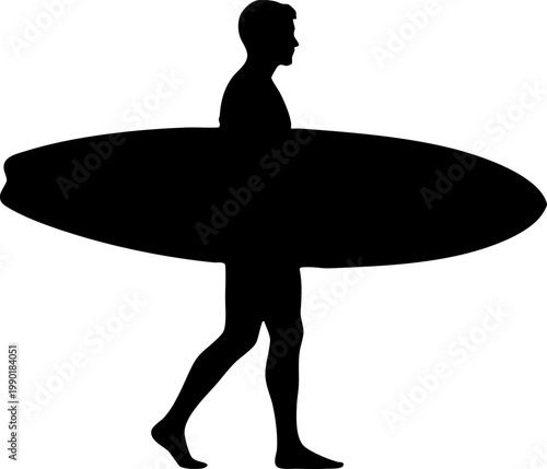Surfer silhouette walking with surfboard on white background