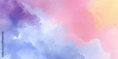 Abstract colorful watercolor background with blue sky clouds and yellow sun light texture on vintage paper illustration