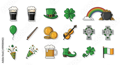Saint Patrick's Day Icons Set: Beer, Rainbow, Clover, Pot of Gold, Violin, Flag