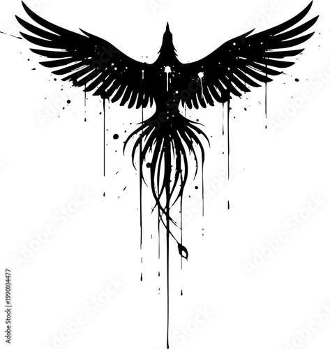 Black Ink Phoenix Silhouette with Dripping Splatter Effect
