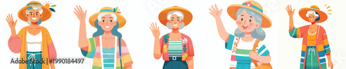 half body vector of a grandma standing waving hand with summer clothes