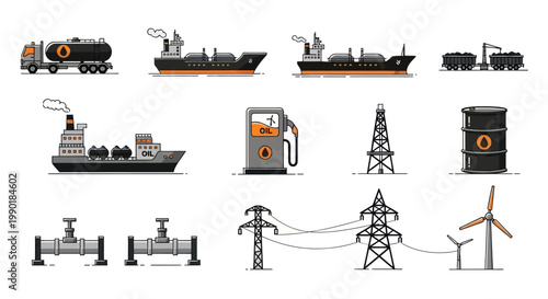 Energy Industry Icons: Oil, Gas, Electricity, Wind Power & Transportation