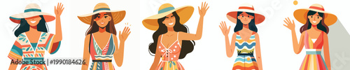 half body vector of a woman standing waving hand with summer clothes