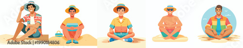vector of a man sitting on the beach sand in summer clothes