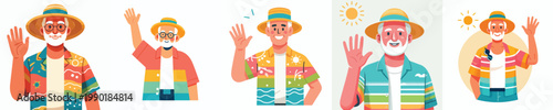 half body vector of a grandpa standing waving hand with summer clothes