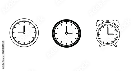 Variety of alarm clocks and timepieces in a black and white illustration