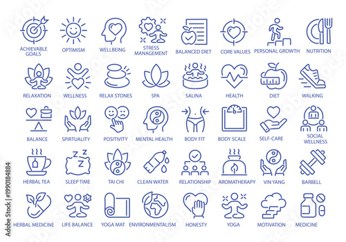 Wellness thin line icon set. Improving and restoring physical, mental and emotional health. Yoga, wellbeing, relaxation, spa, healthcare, aromatherapy - stock vector.