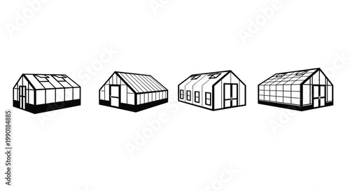 Black and white line drawing of various greenhouse and dome structures