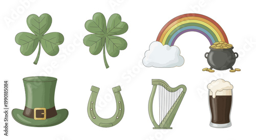 St. Patrick's Day Icons Set: Shamrock, Rainbow, Pot of Gold, Harp, Beer Mug