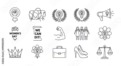 Feminism Icons Set: Women's Rights, Empowerment, Equality Symbols, Vector Line Art
