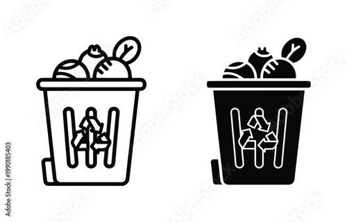 Organic waste recycling bin icons, compost bucket with food scraps and recycle symbol, black line and silhouette vector set for eco-friendly waste management