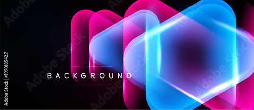 Abstract neon shapes overlap black background. Vibrant pink, blue hues create modern visual effect. Simple text reads background.
