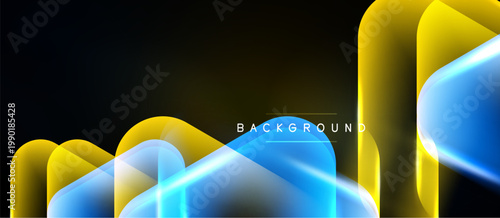 Abstract design features flowing shapes, vibrant blue, gold hues. Dark background emphasizes luminosity, creating modern visual impact.