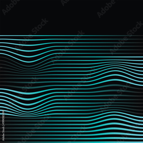 Cyan Wavy Lines forming Abstract Pattern on Black Background, Digital Art Style