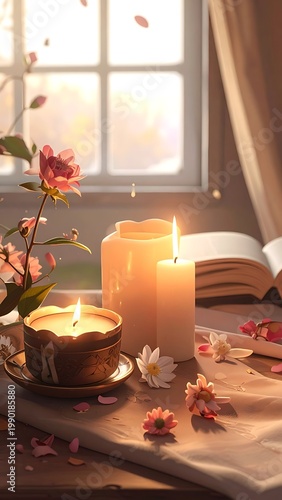 A serene indoor scene with candles and flowers by a window