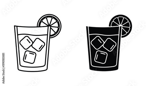 Minimalist cocktail glass icons with ice cubes and lemon slice, black and white beverage vector set, cold drink outline and silhouette graphics