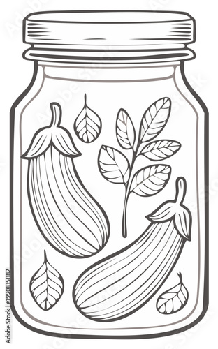 Canned Eggplant Vegetable Illustration Line Art in Glass Jar with Plant Leaves