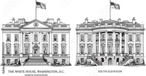 White House architectural engraving with north and south elevation views detailed historic government building Washington DC vector illustration