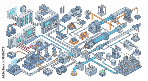 Complex Industrial Machinery Network, Automation System, Blue and Orange Tones