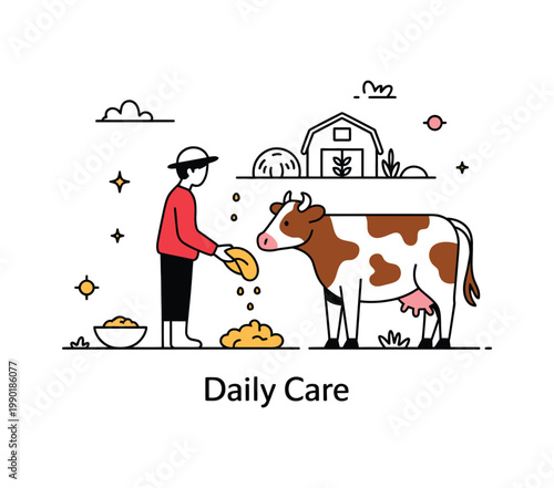 Feeding Farm Animals Scene – Person Offering Grain to Cow