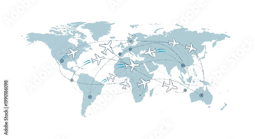 Global Air Travel Network: Airplane Routes Connecting Continents on World Map