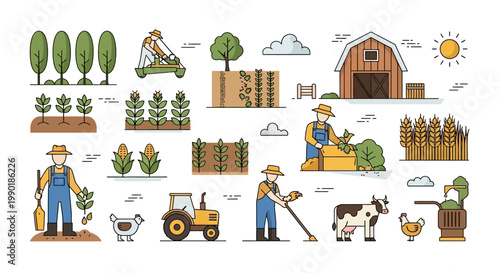 Farming Life Collection: Farmers, Tractor, Barn, Crops, Animals, Agriculture Icons