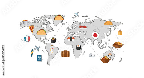Global Food Tourism: World Map with Diverse Cuisine Icons & Travel Elements