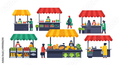 Tableau sur toile Diverse Market Stalls with Vendors and Shoppers, Fresh Produce and Goods Display