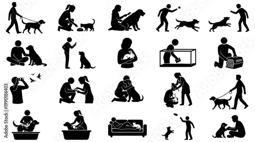 Dog training and pet care silhouettes illustrating daily activities and interactions