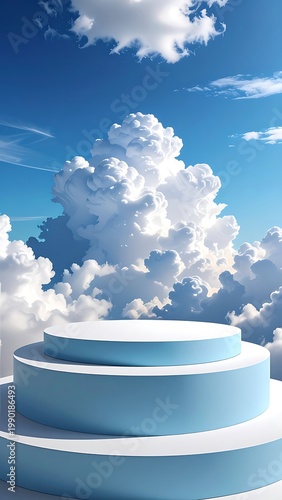 A serene landscape with a blue and white podium under a cloudy sky