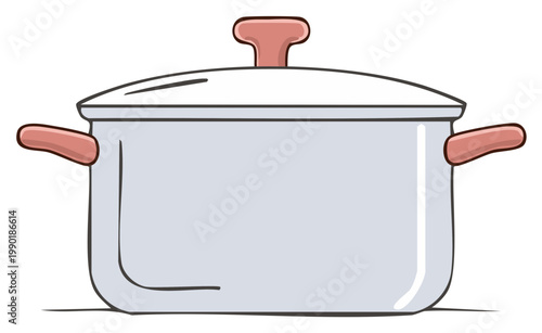 Grey cartoon cooking pot with lid and pink handles Kitchen utensil vector illustration