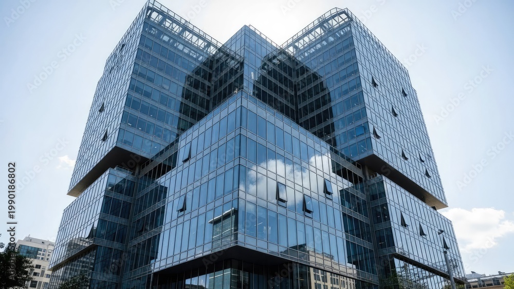 Naklejka premium A modern glass building with a unique architectural design stands tall