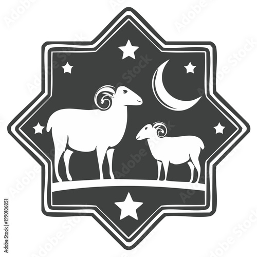 Two white sheep and a crescent moon within a star emblem