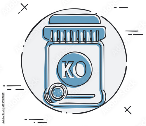 Doodle illustration of a health supplement jar with a measuring scoop and KO symbol