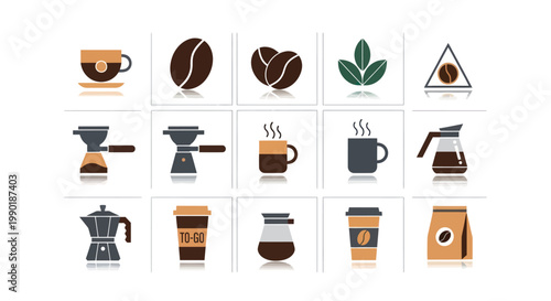 Coffee Icons Set: Cup, Beans, Moka Pot, Pour Over, Takeaway Cups, Glass Carafe