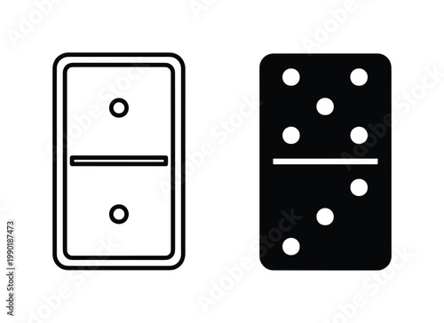 Minimalist domino vector icons set, black and white gaming tiles with dots, flat line art dominoes for board game UI and graphic design