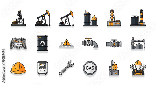 Oil and Gas Industry Icons: Drilling Rigs, Pumpjacks, Refineries, Barrels, Tools